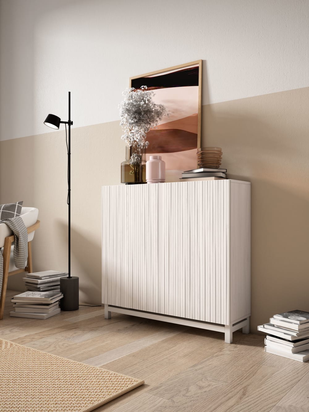 Meuble à chaussures mélamine blanc portes imprimées blanc 90x90x27