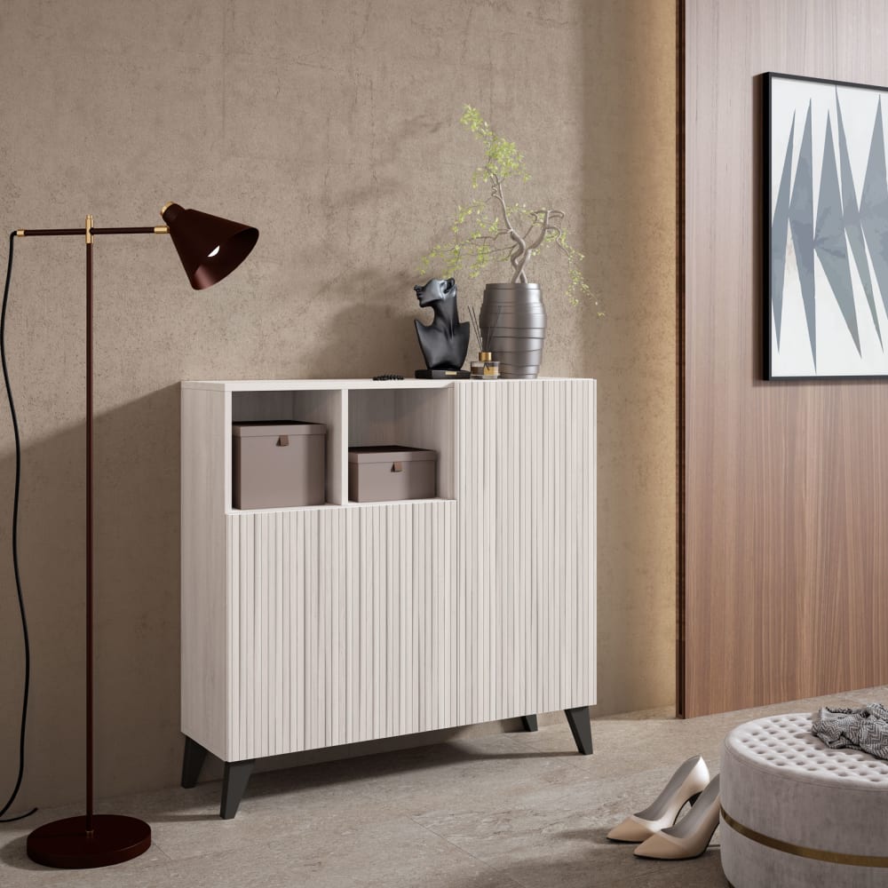 Schuhschrank Melamin Weiß weißem Türen Lattenoptik 87x90x27 -