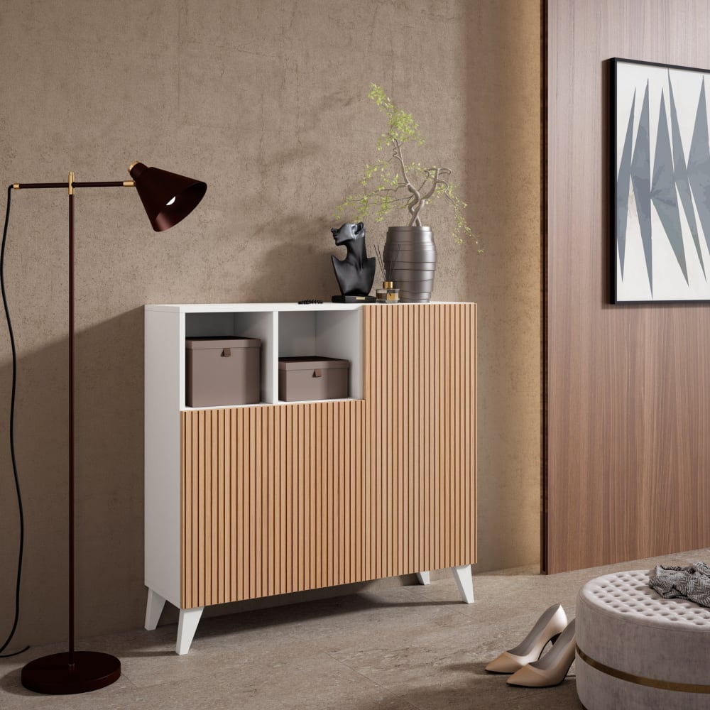 Meuble à chaussures mélamine blanc lattes imprimées chêne 87x90x27