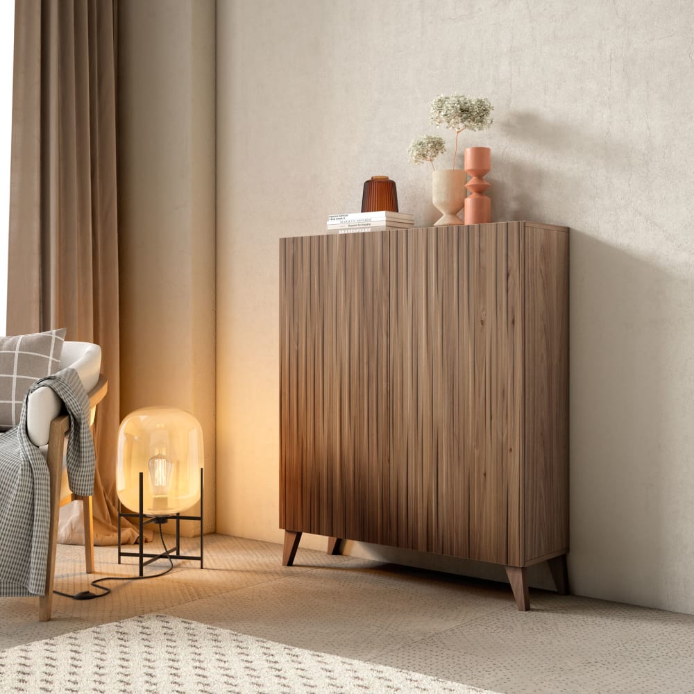 Meuble à chaussures mélamine noyer portes imprimées noyer 109x90x27