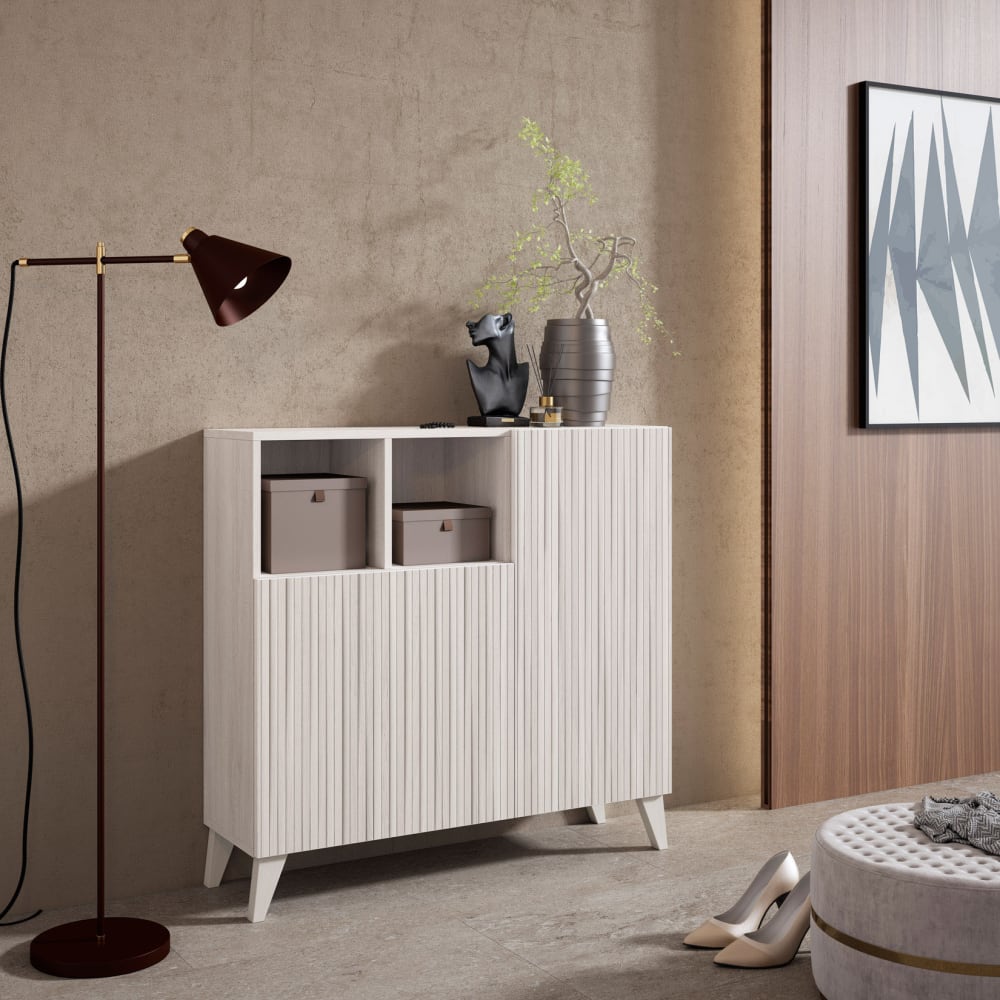 Meuble à chaussures mélaminé blanc portes imprimées blanc 87×90×27