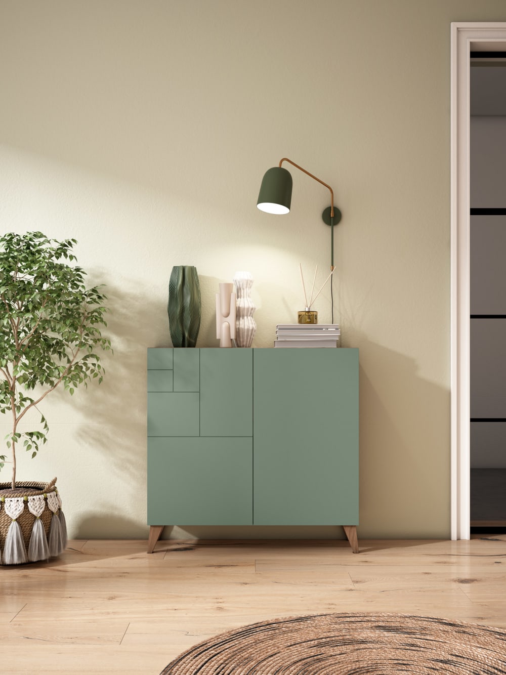 Meuble à chaussures mélamine noyer portes vert pieds noyer 87x90x27cm