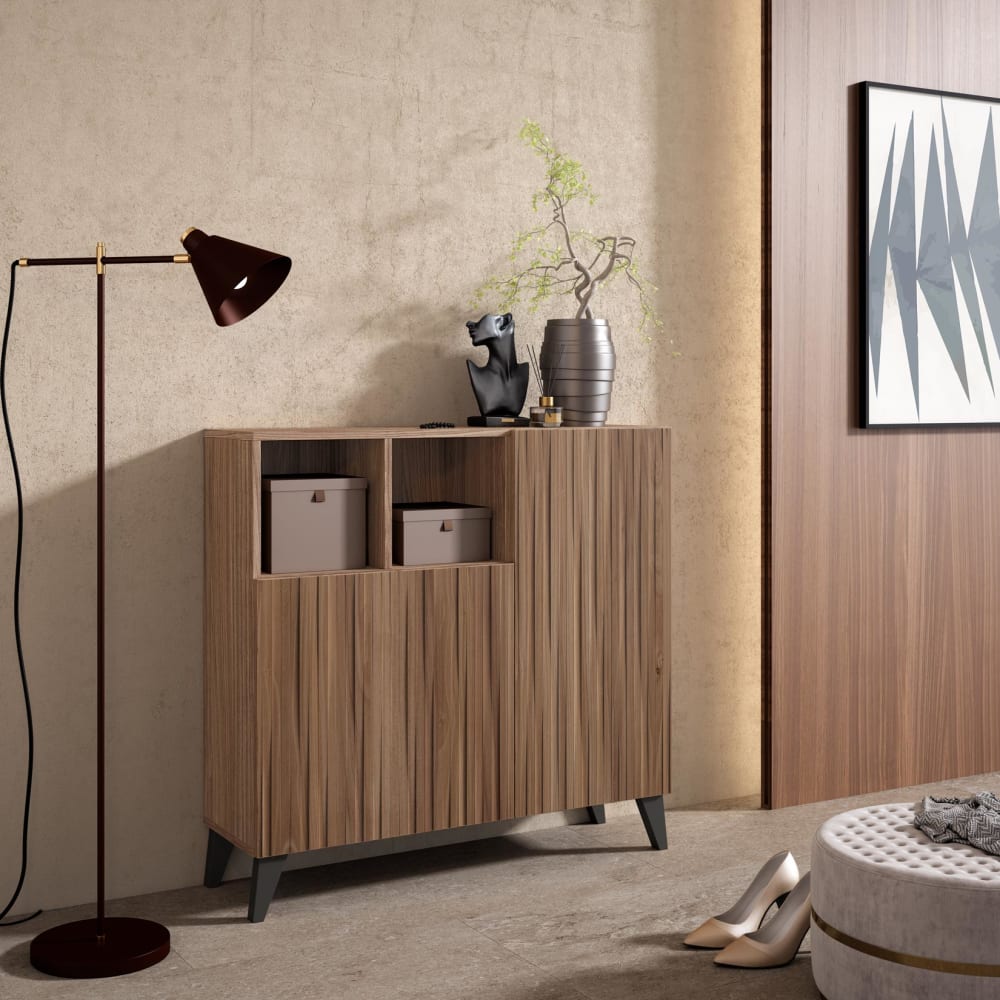 Schuhschrank Melamin Nussbaum Türen Lattenoptik Nussbaum 87x90x27