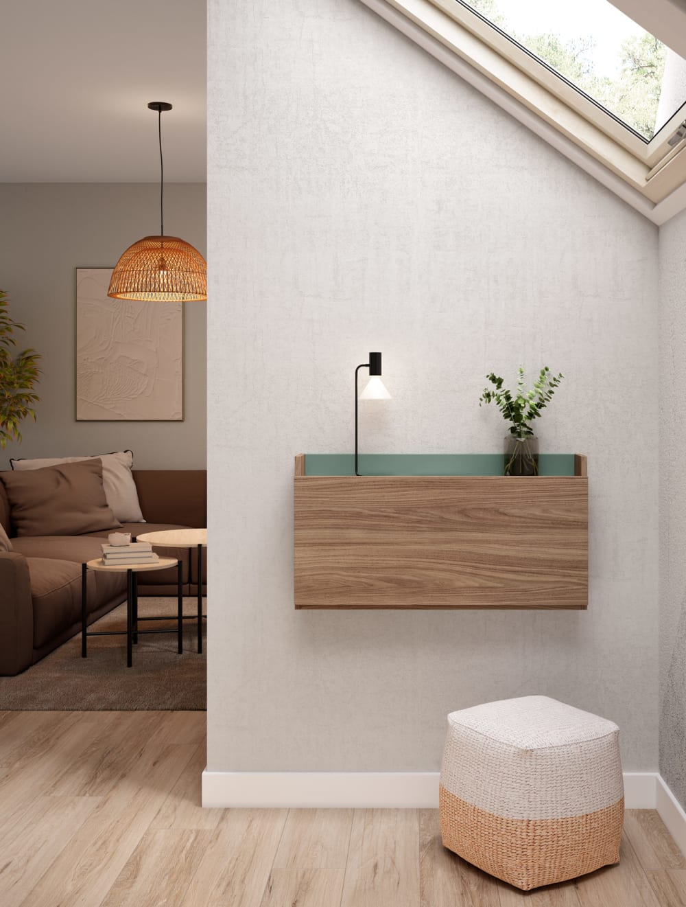 Bureau mural en mélamine noyer et vert 25x90x35 cm