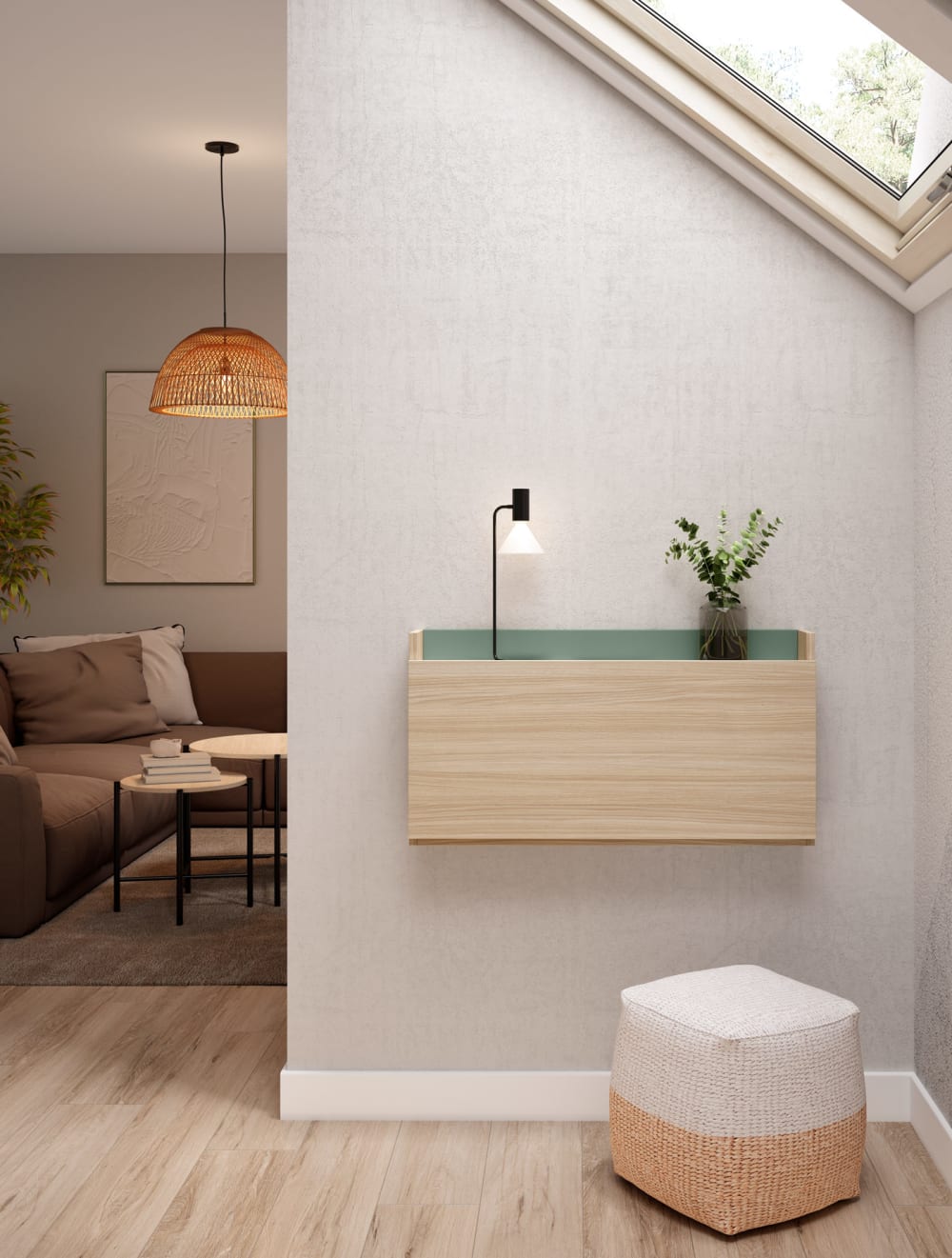 Bureau mural en mélamine noyer clair et vert 25x90x35 cm