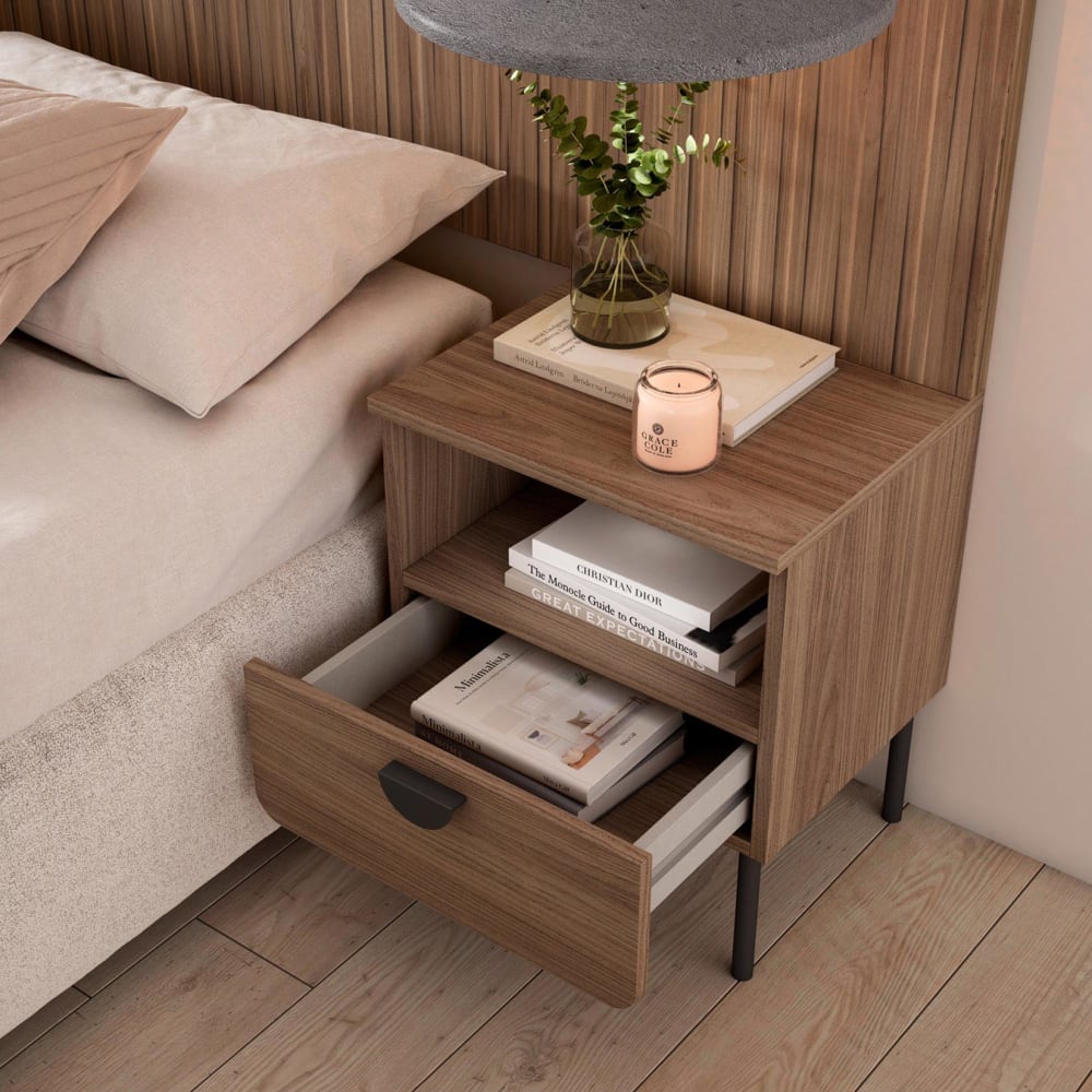Table de chevet 1 tiroir noyer 55×40×34 cm