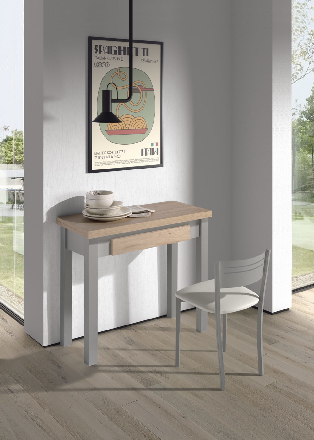 Table de cuisine extensible portefeuille mélamine chêne‑gris l40/80 cm