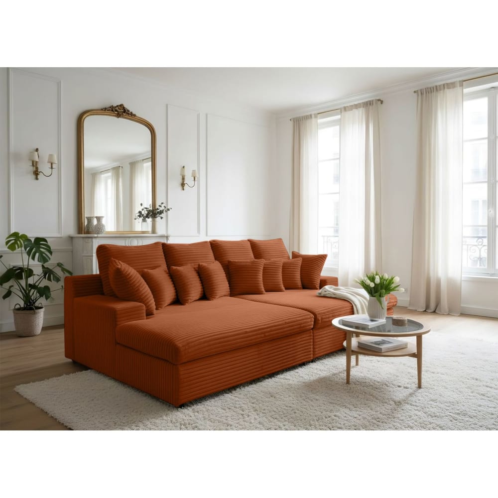 Canapé droit 4 places double méridienne, velours côtelé - terracotta