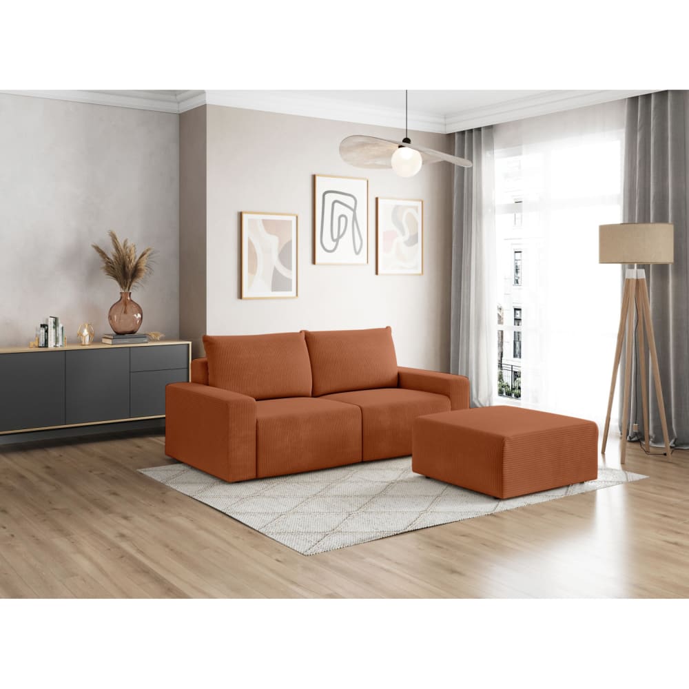 Pack - canapé droit fixe 2 places et pouf en velours côtelé terracotta