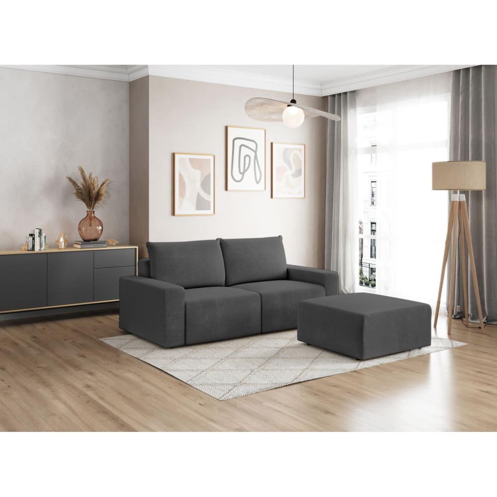 Pack - canapé droit fixe 2 places avec pouf en velours côtelé - gris