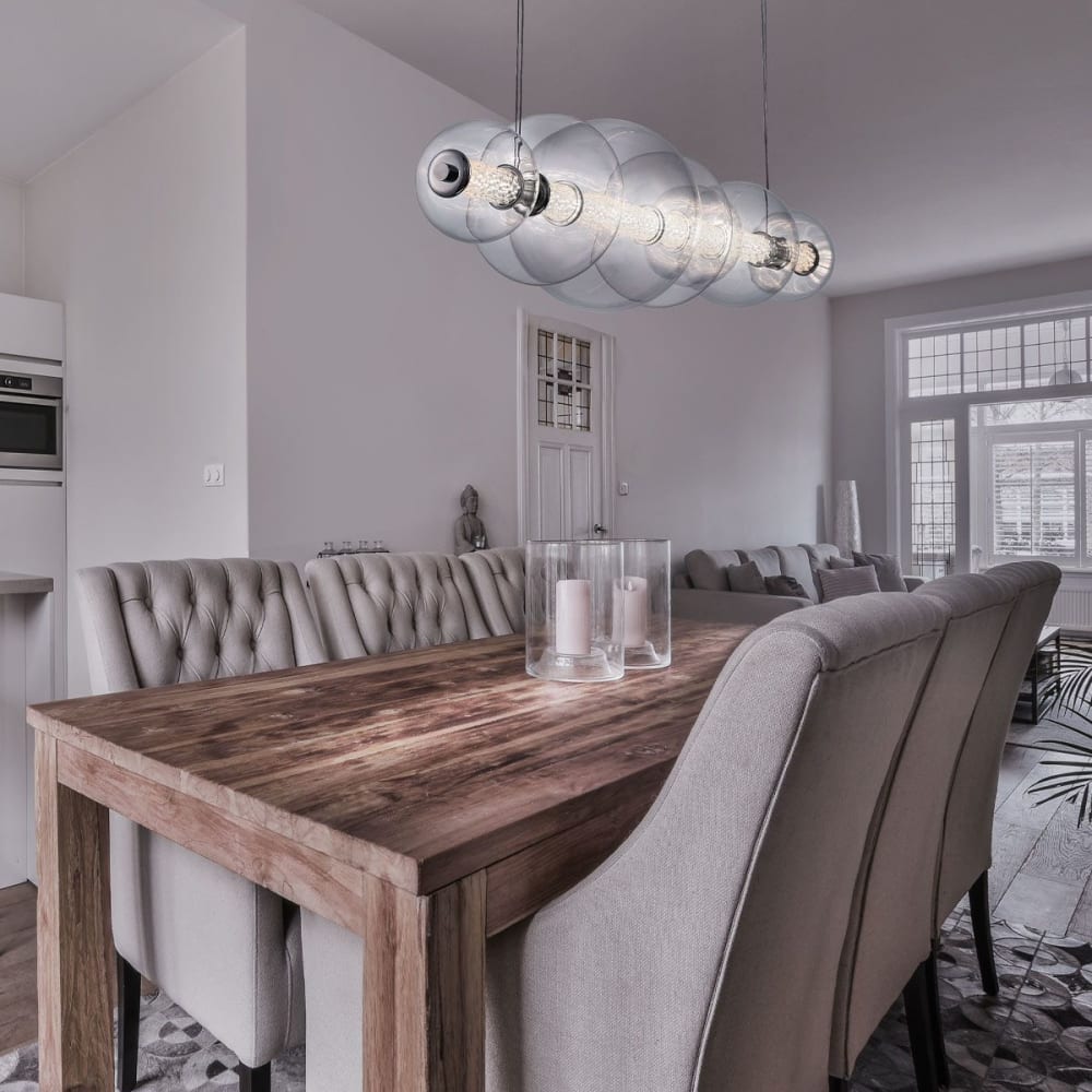 Suspension	Aluminium, Acier, Verre transparent, Chrome Poli