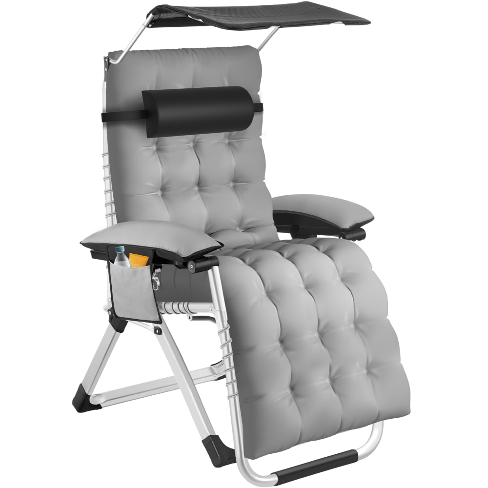 Chaise longue pliable avec pare-soleil et reposes-pieds gris clair