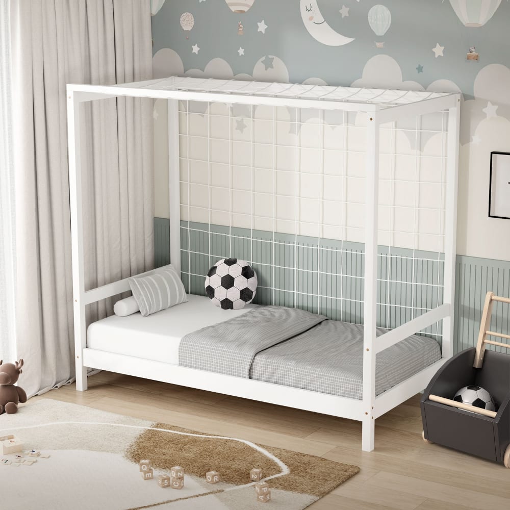 Kinderbett Fußballtor 80 x 160 cm mit Matratze Weiß Kiefernholz -