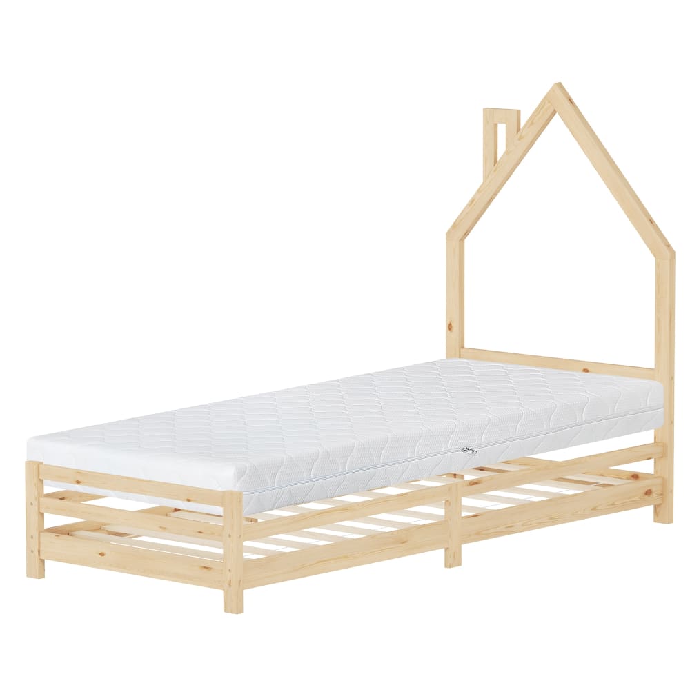 Lit maison enfant 90x200 cm matelas et sommier inclus bois beige
