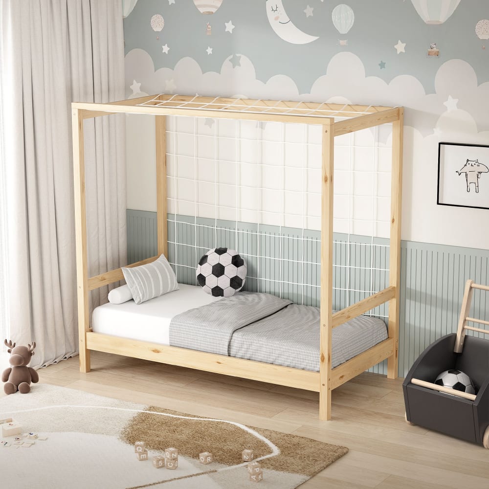 Kinderbett Fußballtor 70 x 140 cm mit Matratze Natur Kiefernholz