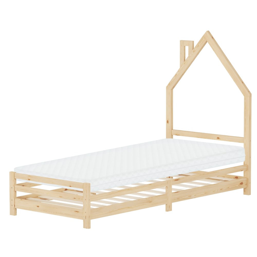 Lit maison enfant 90x200 cm matelas et sommier inclus bois beige