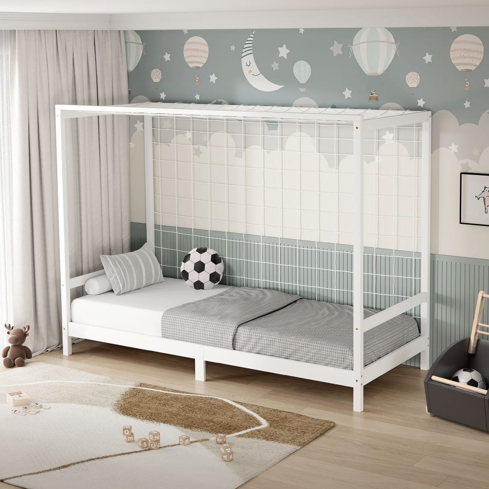 Kinderbett Fußballtor 90x200 cm, Weiß, aus Kiefernholz - Maisons