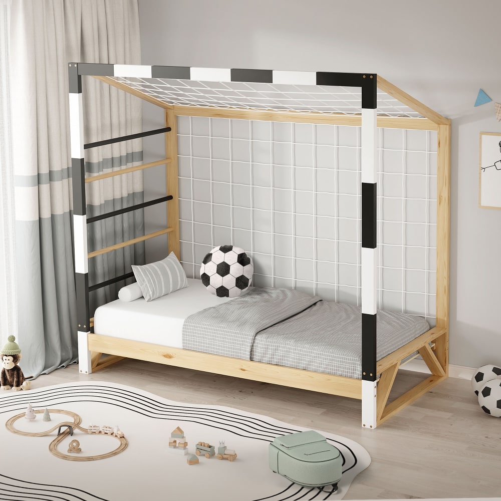 Kinderbett Fußballtor 80x160 cm, Schwarz-Weiß, aus Kiefernholz -