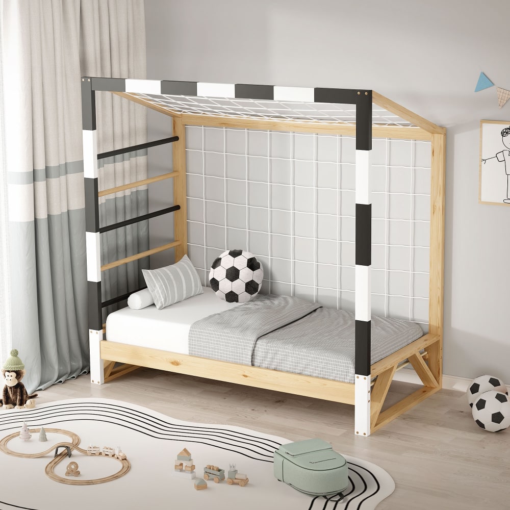 Lit enfant but de football 70x140 cm + sommier et échelle d'escalade