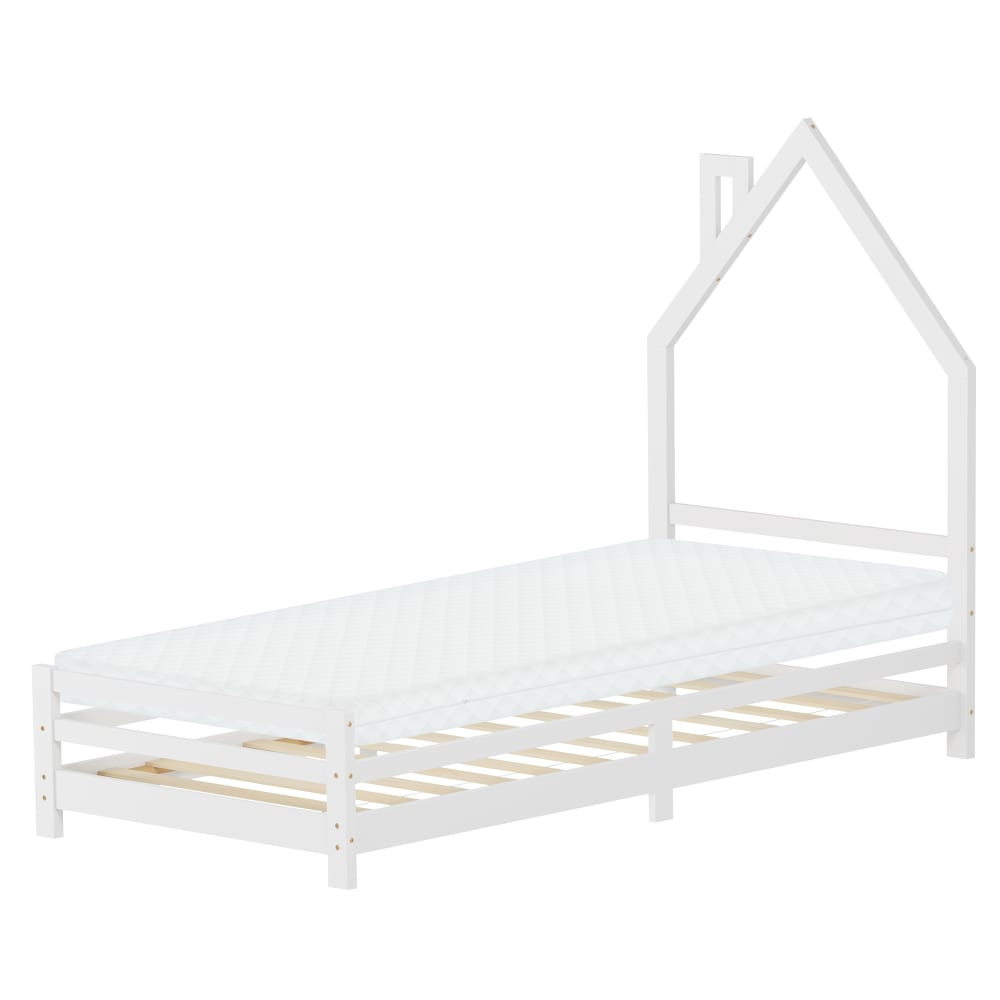 Lit maison enfant 90x200 cm matelas et sommier inclus bois blanc