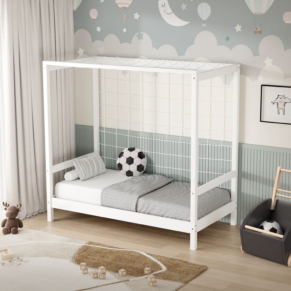 Kinderbett Fußballtor 70 x 140 cm mit Matratze Weiß Kiefernholz -