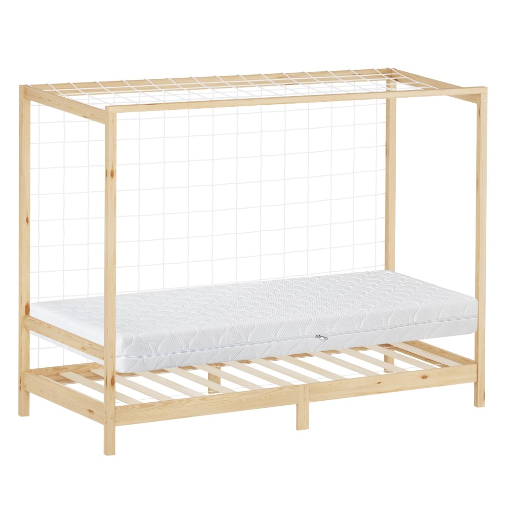 Lit enfant but de football 90x200 cm naturel avec matelas et sommier