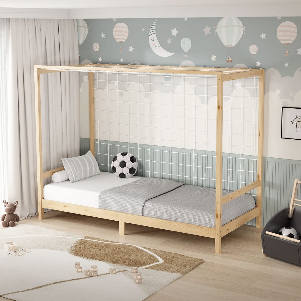 Kinderbett Fußballtor 90x200 cm mit Matratze H:16 cm Natur