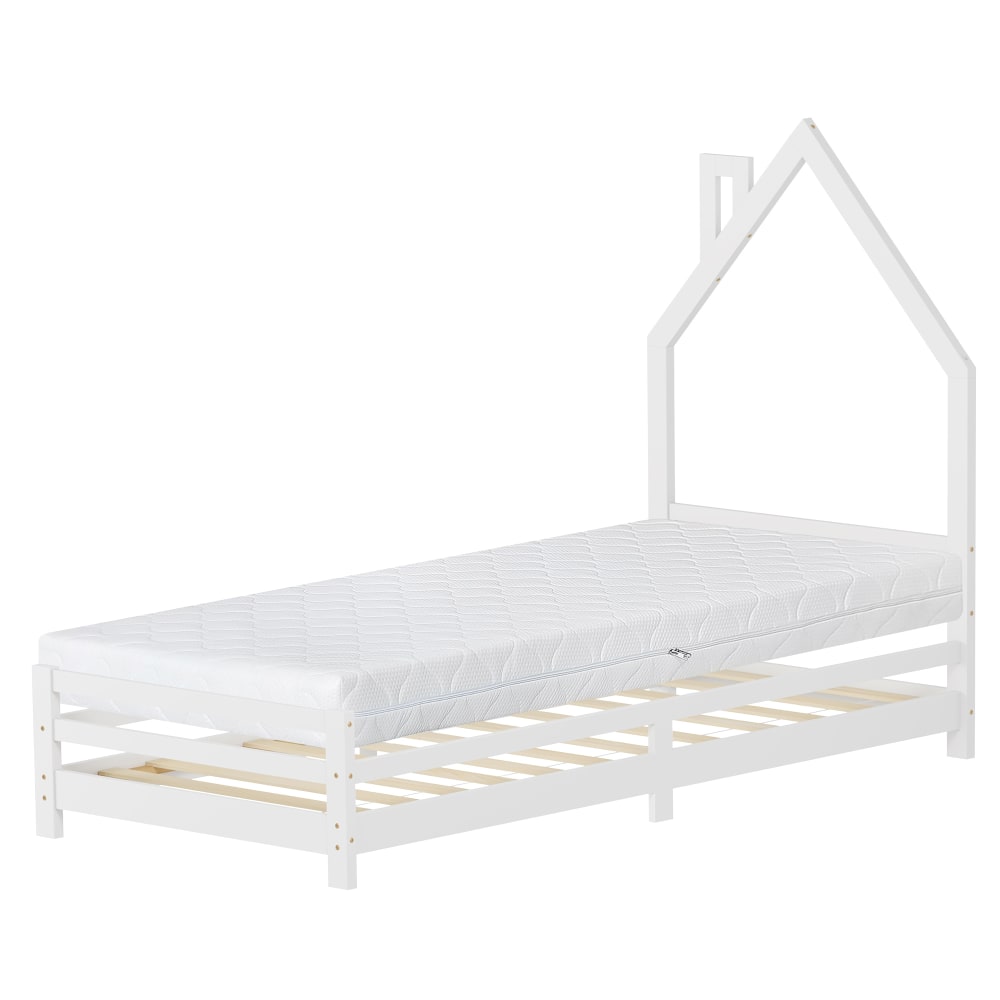 Lit maison enfant 90x200 cm matelas et sommier inclus bois blanc