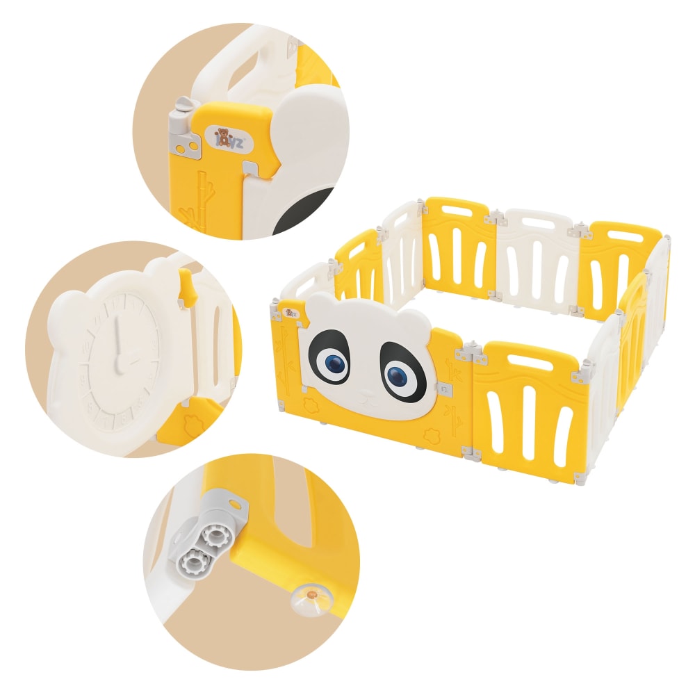 Laufstall Baby faltbar 120×120 cm, Panda-Design, Weiß-Gelb,