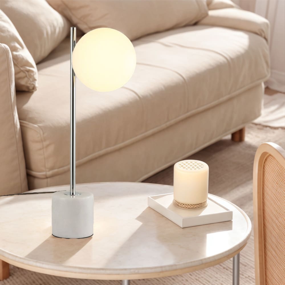 Lampe de table avec base en marbre et globe opalin, E27, chromée — vue 3