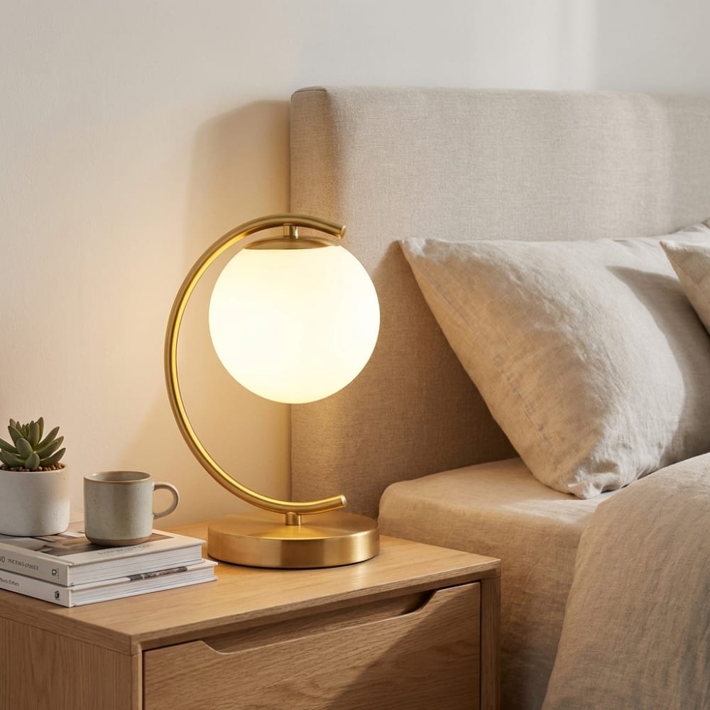 Lampe de table lune avec globe en verre opalin, E27, dorée — vue 4