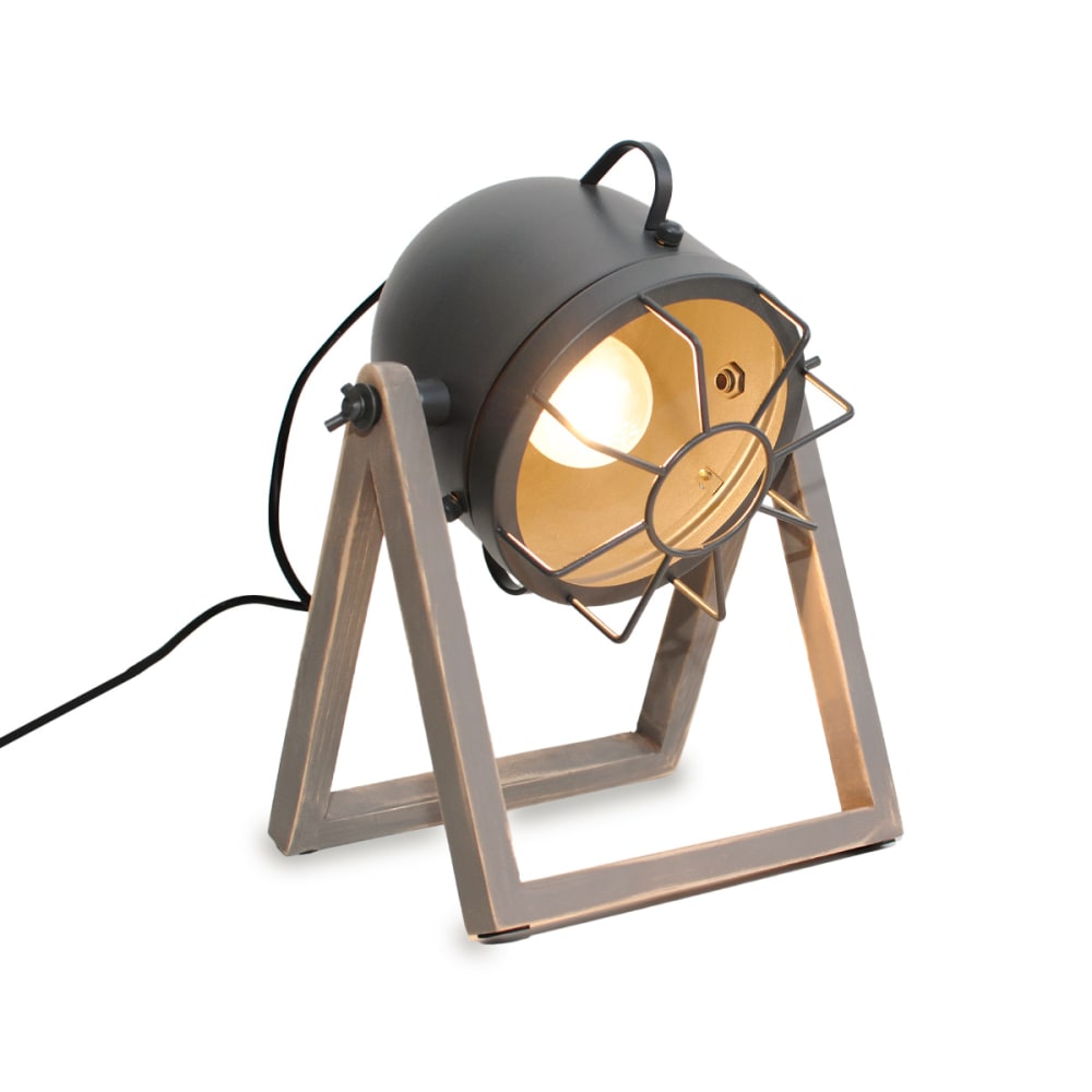 Lampe de table vintage base bois avec spot réglable, E27, grise