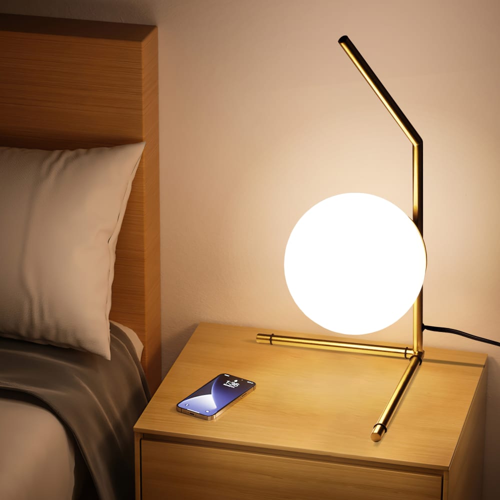 Lampe de table avec abat-jour en verre opalin Ø22 cm, E27, dorée — vue 4