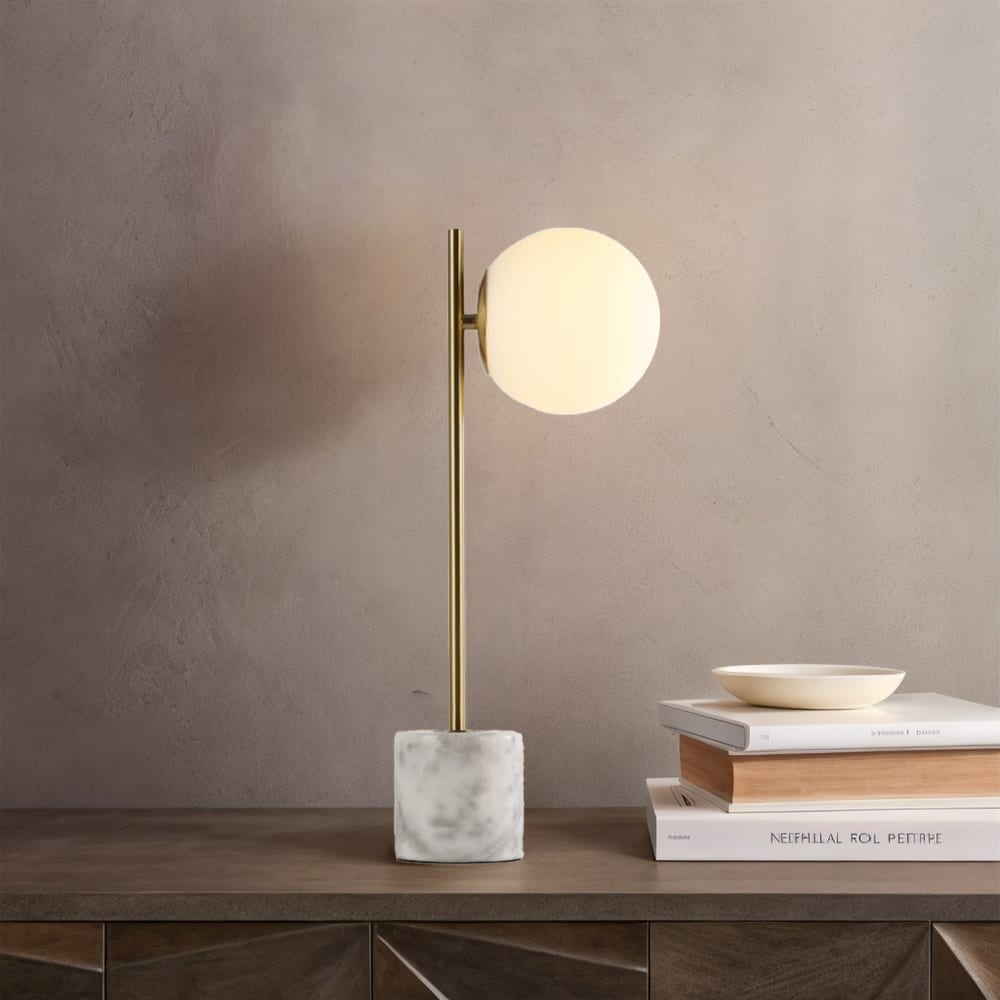 Lampe de table avec base en marbre et globe opalin, E27, dorée — vue 3