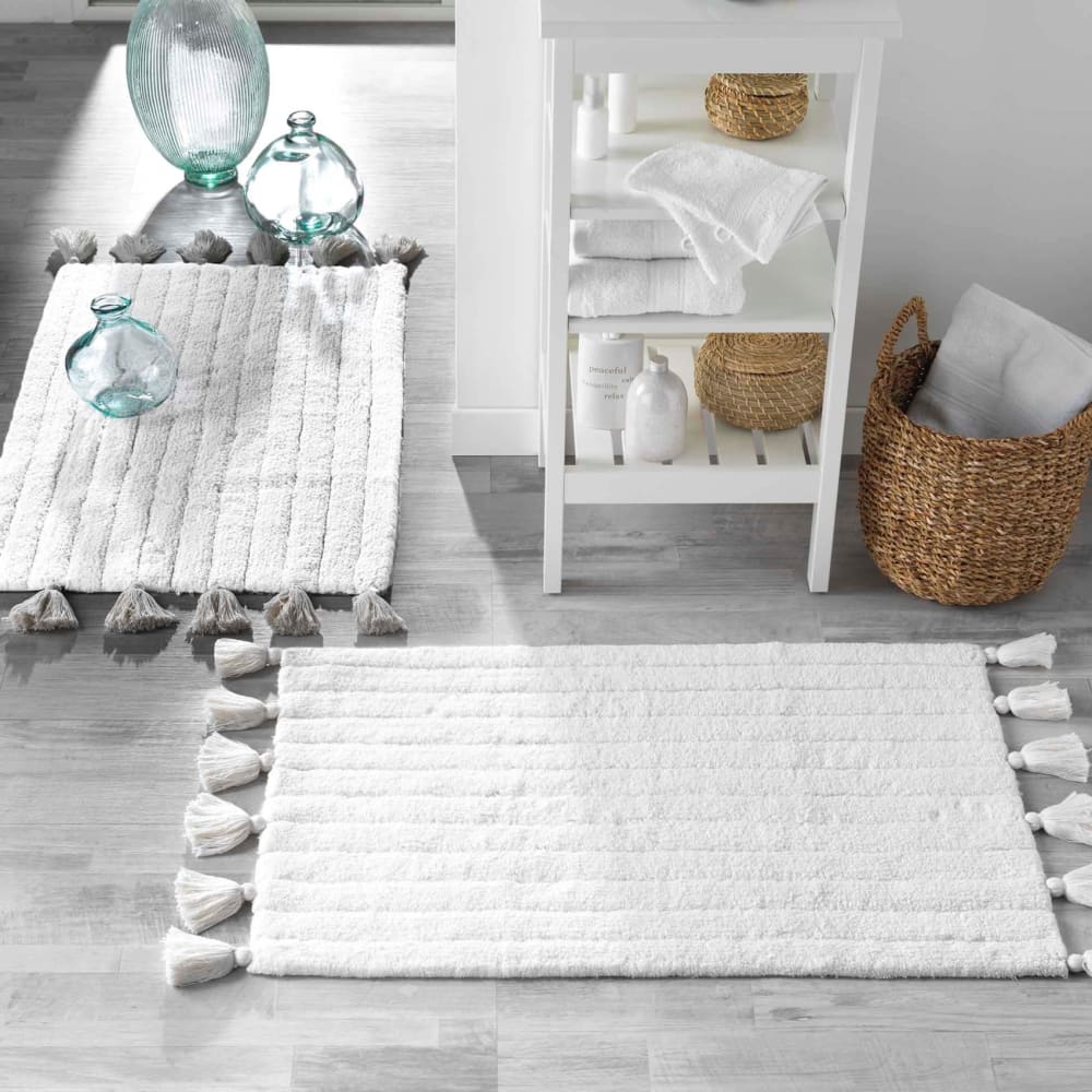 Tapis de bain uni et à pompons coton blanc 50x80 cm