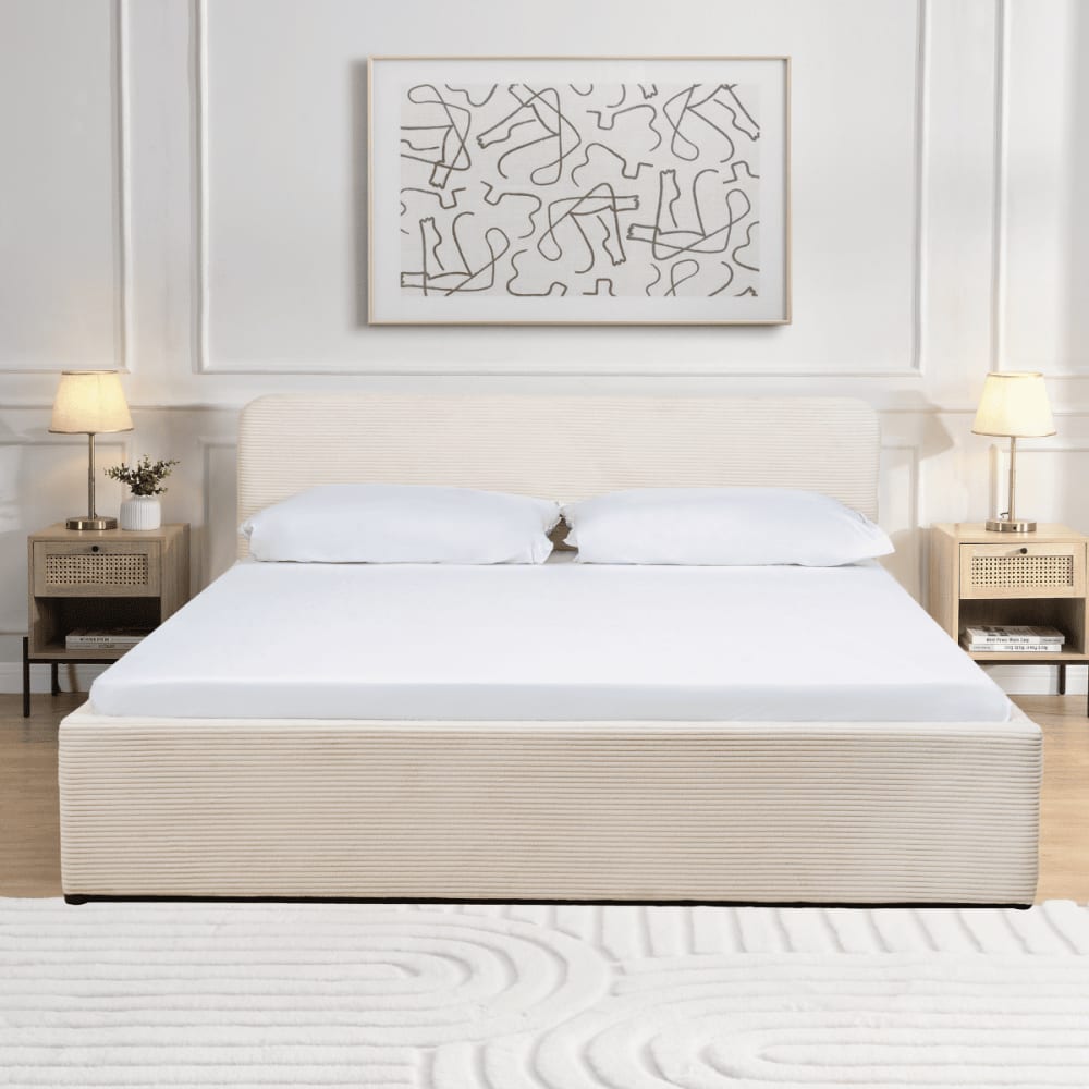 Lit coffre 160x200 cm avec tête de lit recouvert de velours beige