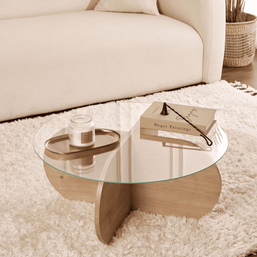 Table basse pieds croisés et plateau en verre D75 cm - Effet Chêne