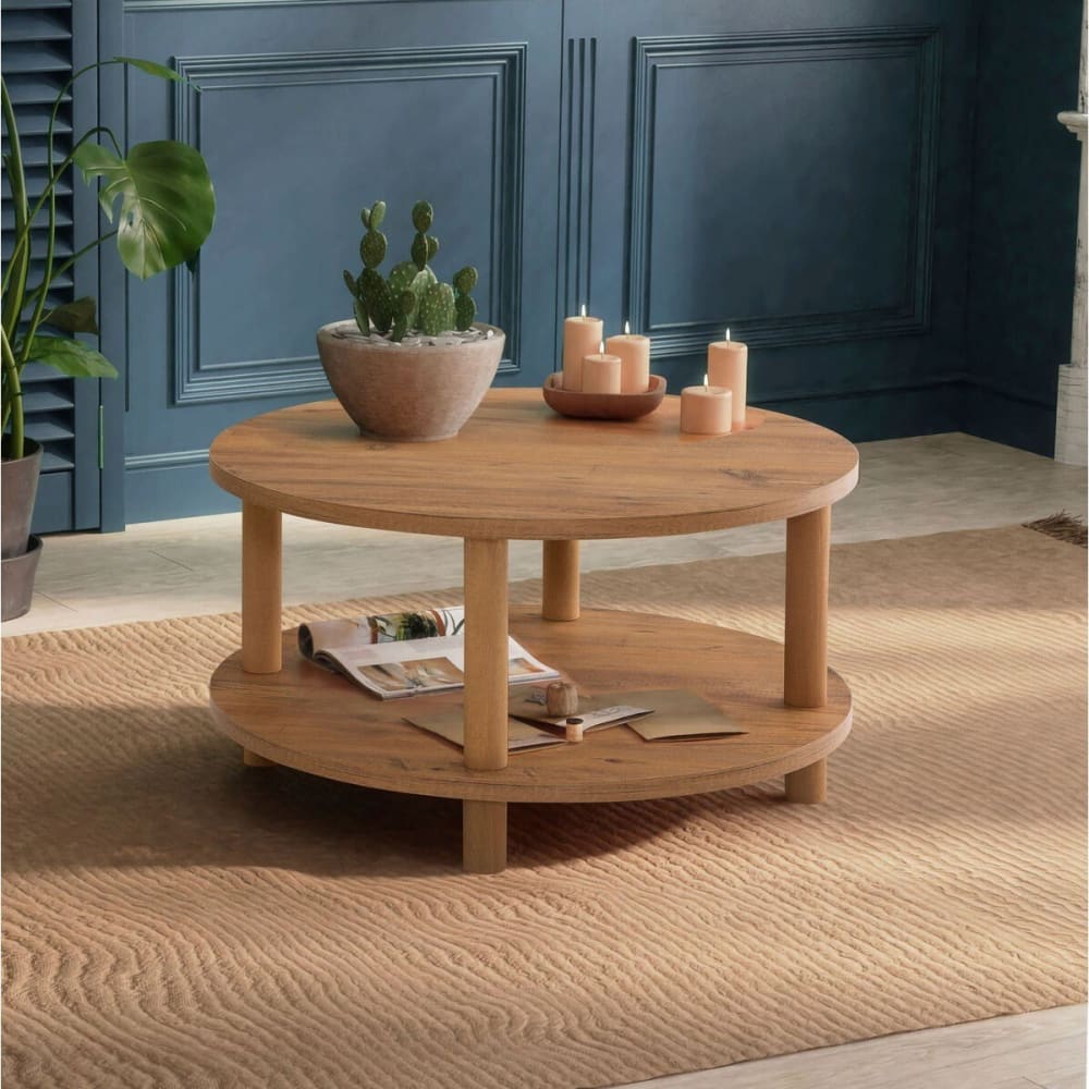 Table basse ronde 2 niveaux d70 cm - effet pin atlantique