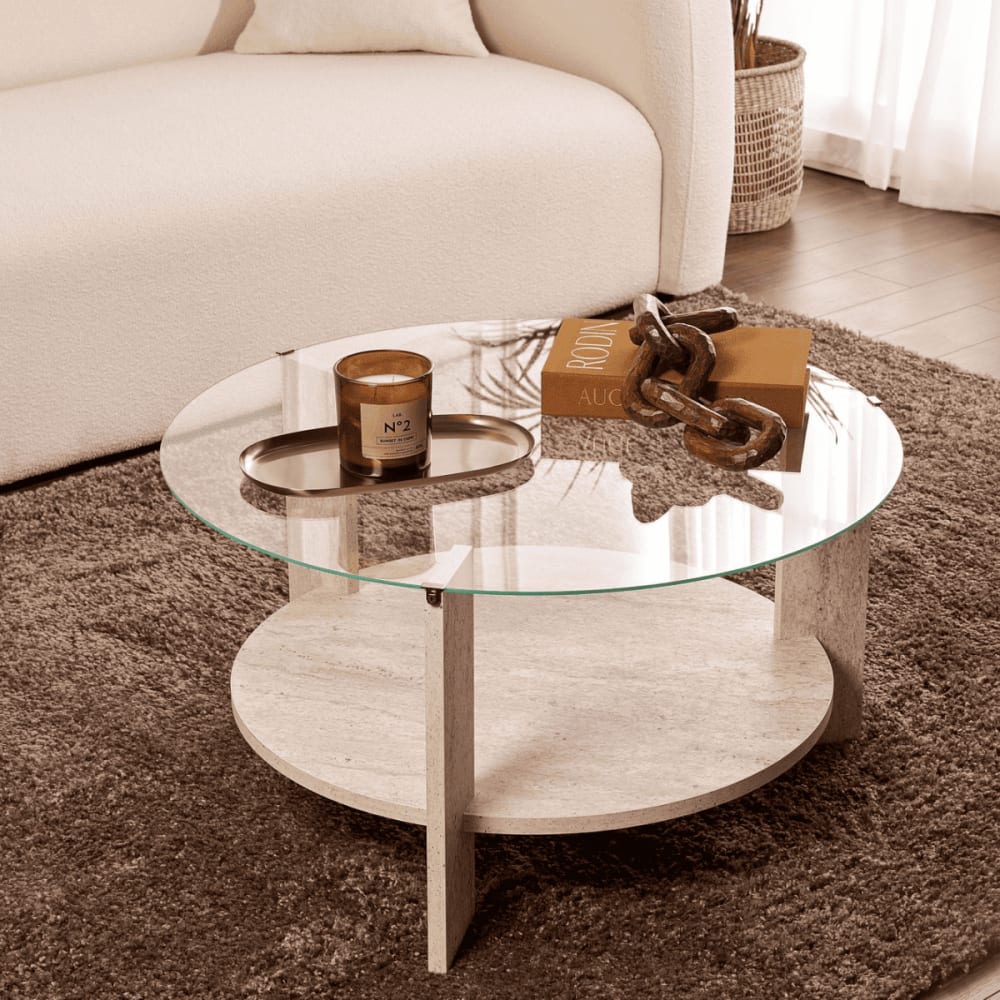 Table basse 2 plateaux 1 en verre trempé d75 cm - travertin