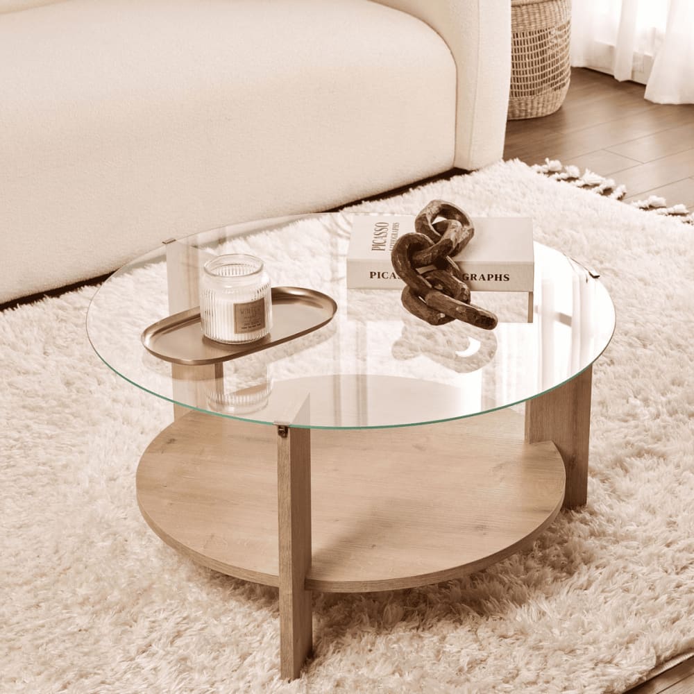 Couchtisch 2 Platten 1 aus Glas D75 cm - Eichenoptik - Maisons Du