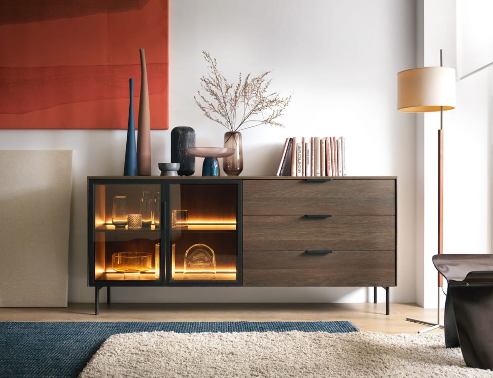 Sideboard mit Glasfront, 3 Schubladen & LED, Holzoptik Eiche, 181
