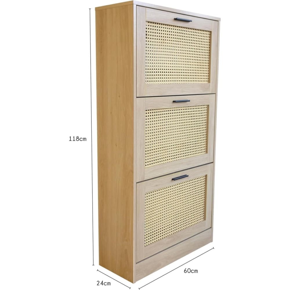 Schuhschrank mit 3 Ablagen, Rattan-Details, Naturholz, 60x24x118
