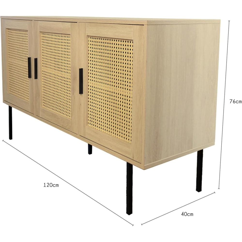Buffet cannage avec 3 portes cannage bois naturel 120 x 40 x 76 cm