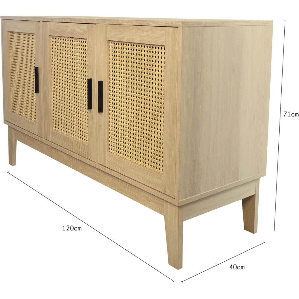 Buffet mit 3 Türen, Naturholz und Geflecht, Anrichte, 120 x 40 x