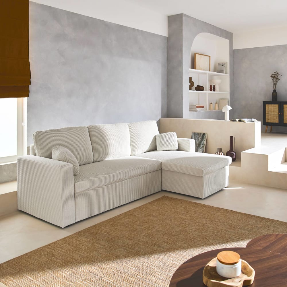 Canapé d'angle velours côtelé grosse côte crème