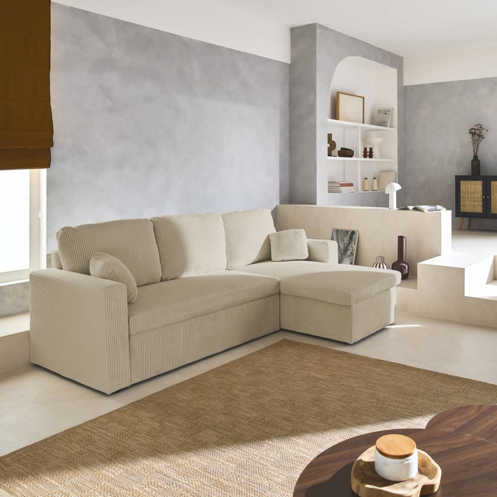 Canapé d'angle velours côtelé grosse côte greige