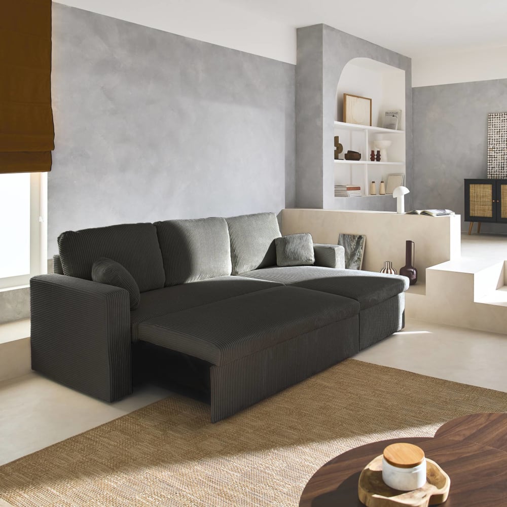 Canapé d'angle velours côtelé grosse côte gris foncé