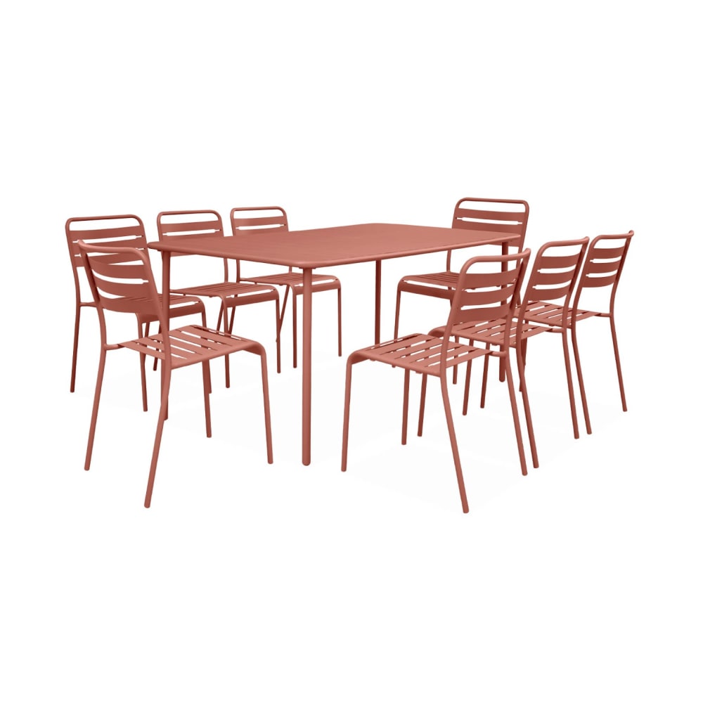 Gartentisch aus Stahl + 8 Stühle, terrakotta - Maisons Du Monde