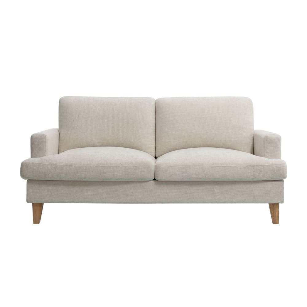 Canapé droit 3 places en tissu beige pieds bois naturel