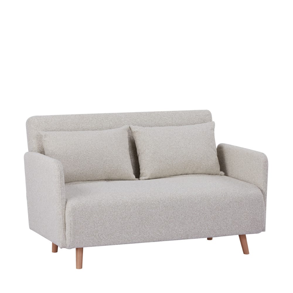 Canapé convertible 2 places tissu bouclette pieds bois clair - Beige